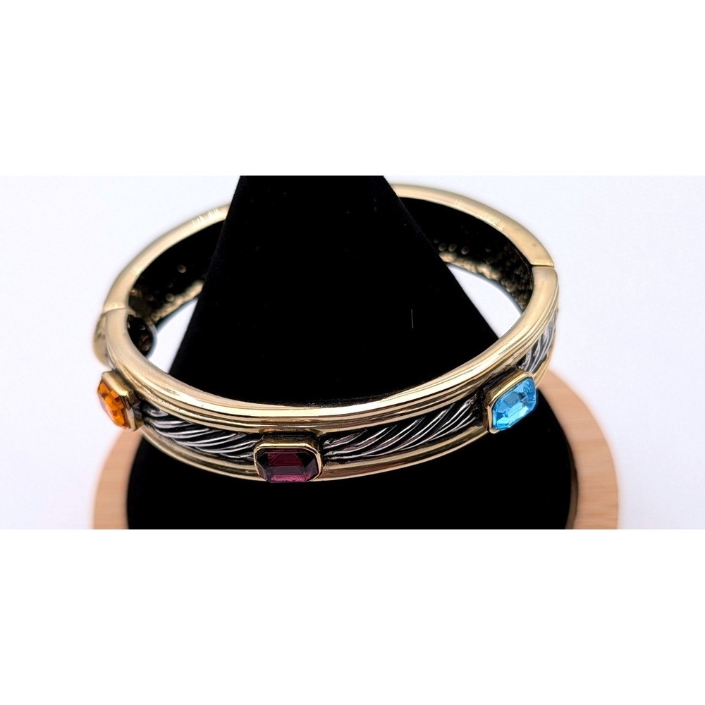 Two Tone Cable Hinged Bangle Bracelet Multi Color Crystal Gold Silver Tone